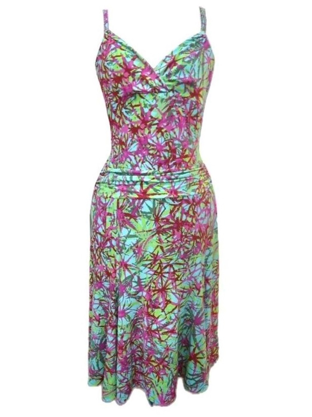 Y2K Watercolor Drop Waist Dress Vibrant Pattern and Color Bright Pink Green Sz L